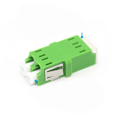 Adaptador de fibra óptica duplex SM LC/APC verde com obturador interno, perda de inserção de 0,2 dB e durabilidade de 500 ciclos